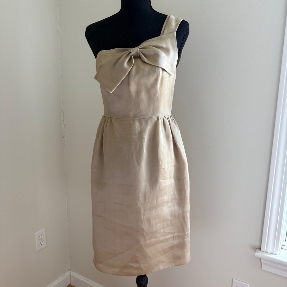 J.Crew Silk One Shoulder Bow Cocktail Dress Size 4 Taupe Champagne